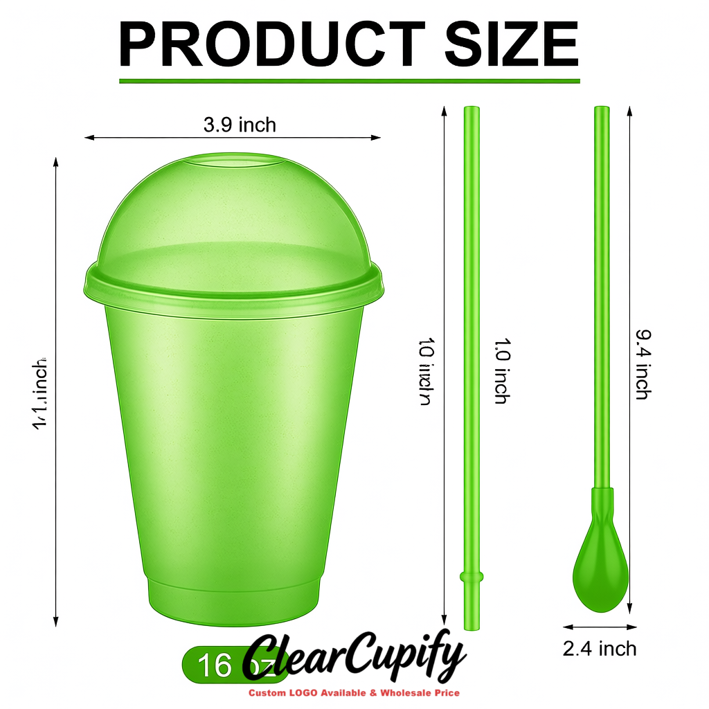 Green 16 oz Plastic Slushie Cups with Dome Lid & Detachable Spoon Straws for Milkshake, Boba, Smoothies, Iced Coffee