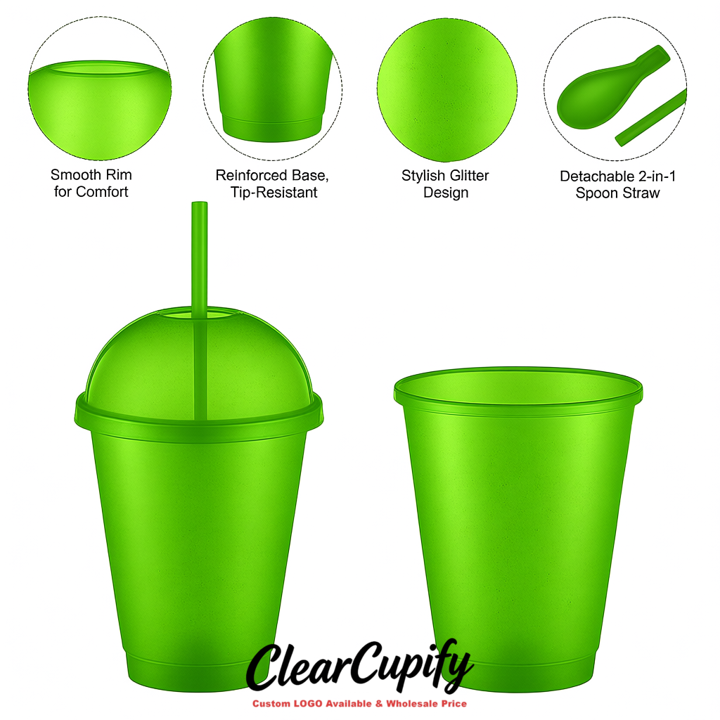 Green 16 oz Plastic Slushie Cups with Dome Lid & Detachable Spoon Straws for Milkshake, Boba, Smoothies, Iced Coffee