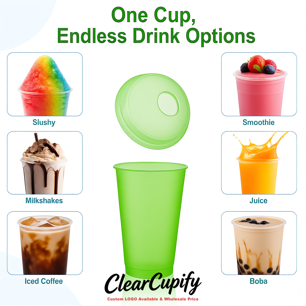 Green 16 oz Plastic Slushie Cups with Dome Lid & Detachable Spoon Straws for Milkshake, Boba, Smoothies, Iced Coffee