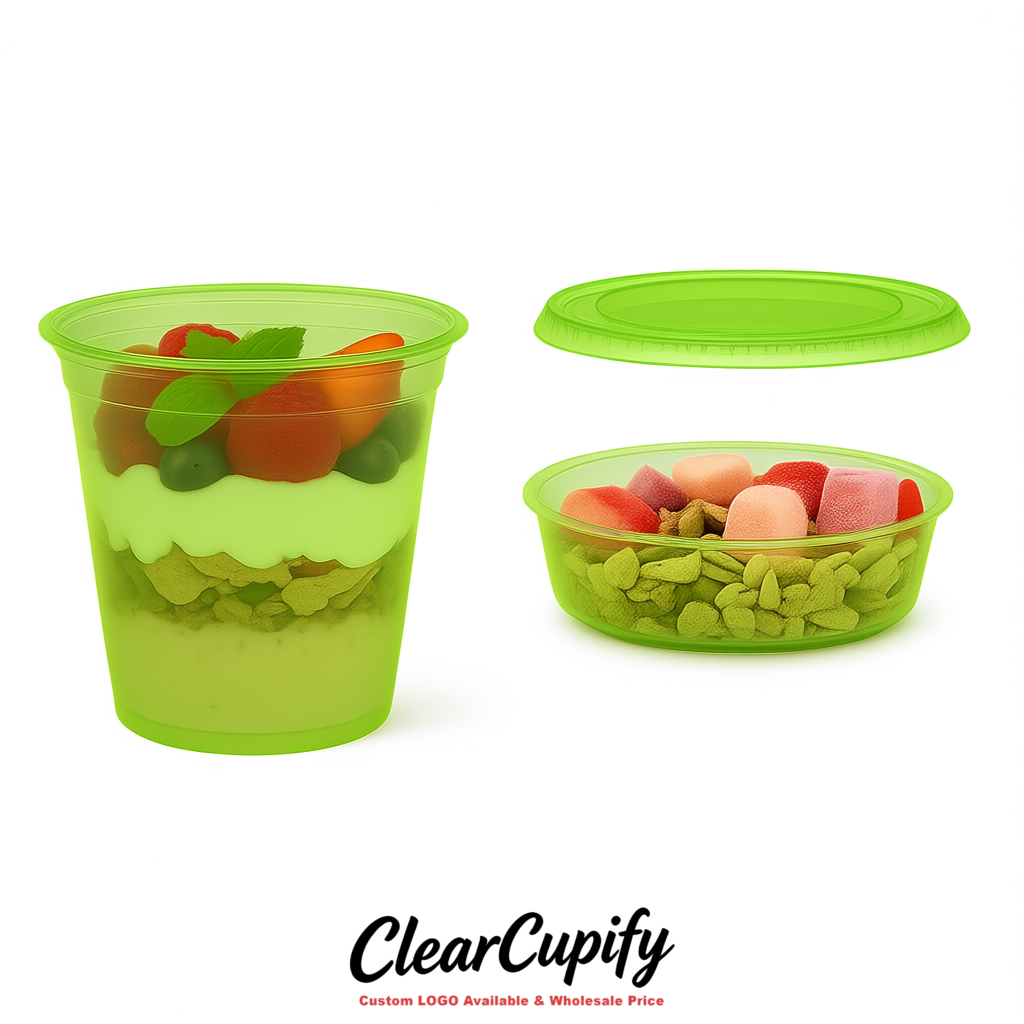Green 12 oz Disposable Plastic Parfait Cups with Insert & Flat lids 3.85 x 2.1 x 4 inches