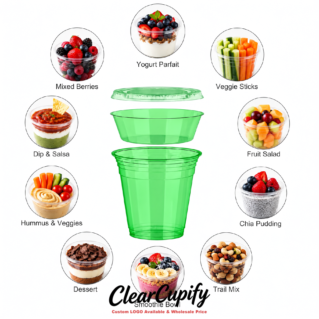 Green 12 oz Disposable Plastic Parfait Cups with Insert & Flat lids 3.85 x 2.1 x 4 inches