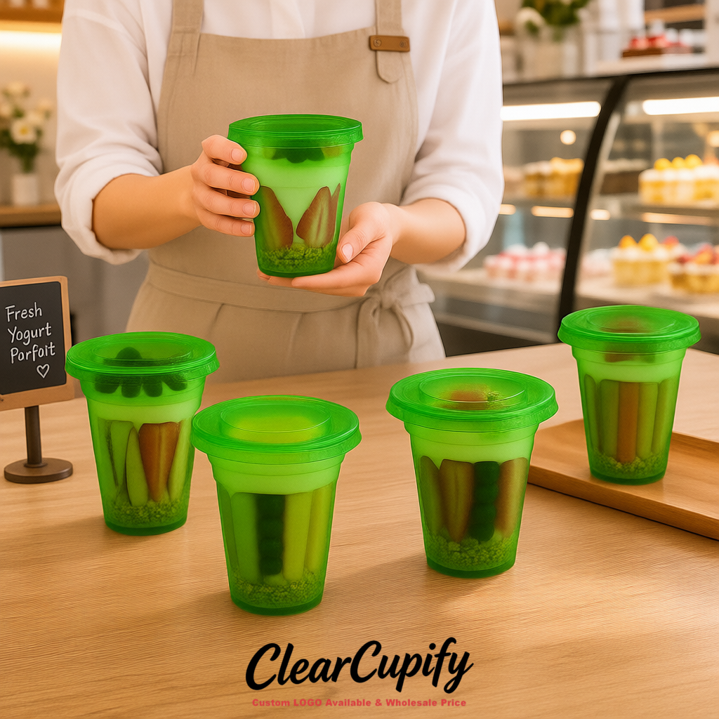 Green 12 oz Disposable Plastic Parfait Cups with Insert & Flat lids 3.85 x 2.1 x 4 inches
