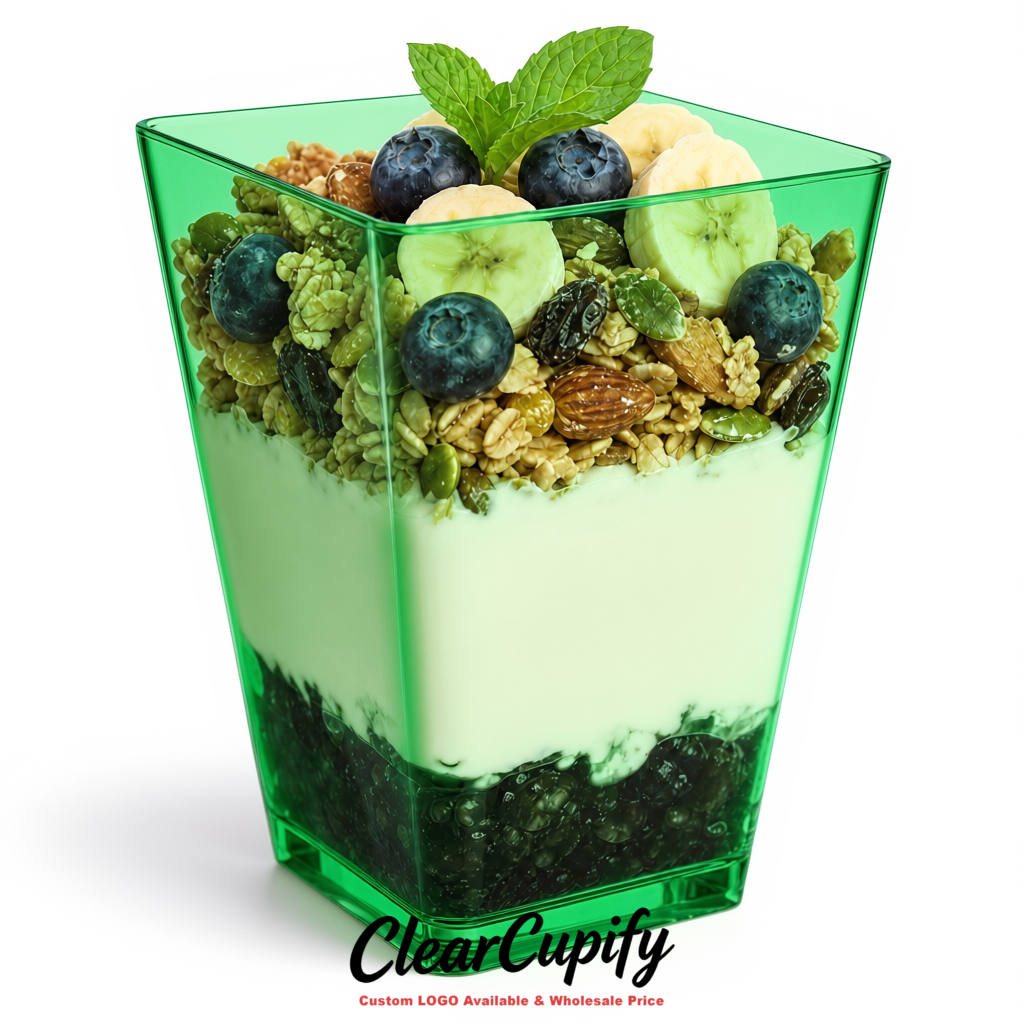 Wholesale Green 5 oz Square Clear Plastic Dessert Cups with Spoons for Appetizers, Puddings, Mousse, Parfait