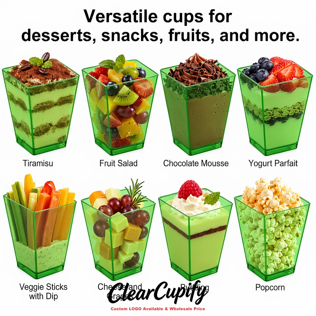 Wholesale Green 5 oz Square Clear Plastic Dessert Cups with Spoons for Appetizers, Puddings, Mousse, Parfait