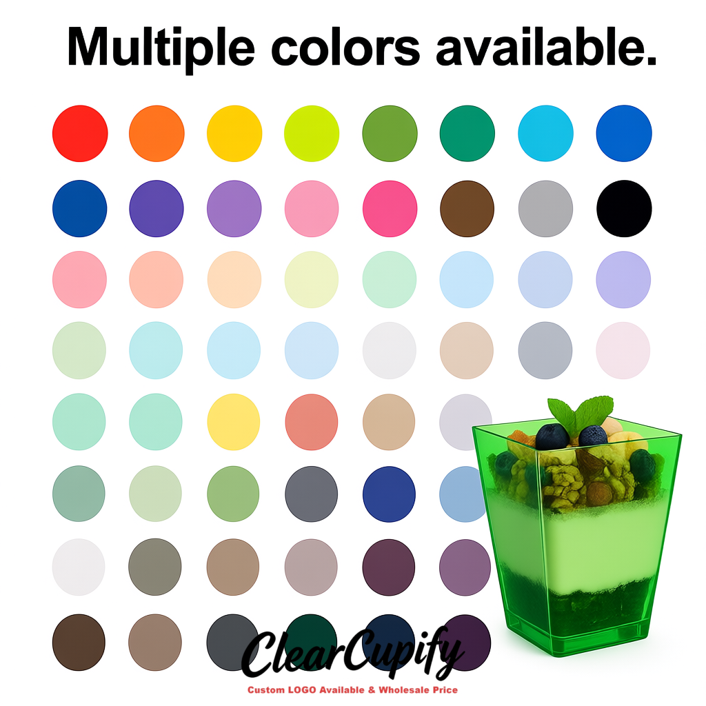 Wholesale Green 5 oz Square Clear Plastic Dessert Cups with Spoons for Appetizers, Puddings, Mousse, Parfait