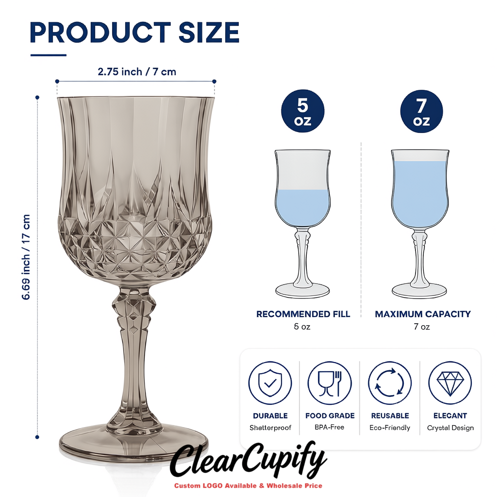 Greige 7oz Acrylic Plastic Wine Goblets - 2.7 x 6.7 inches Party & Wedding Wine Glasses