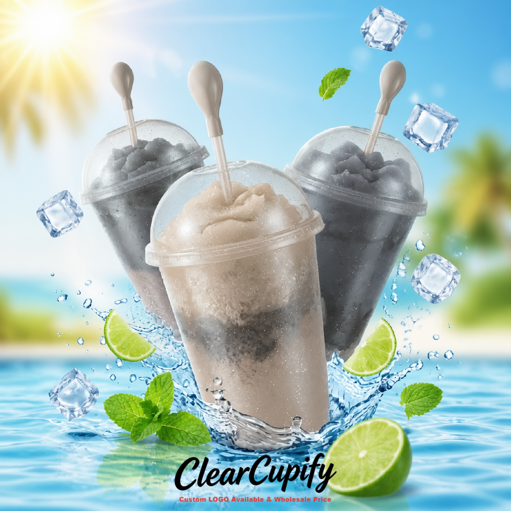 Greige 16 oz Plastic Slushie Cups with Dome Lid & Detachable Spoon Straws for Milkshake, Boba, Smoothies, Iced Coffee