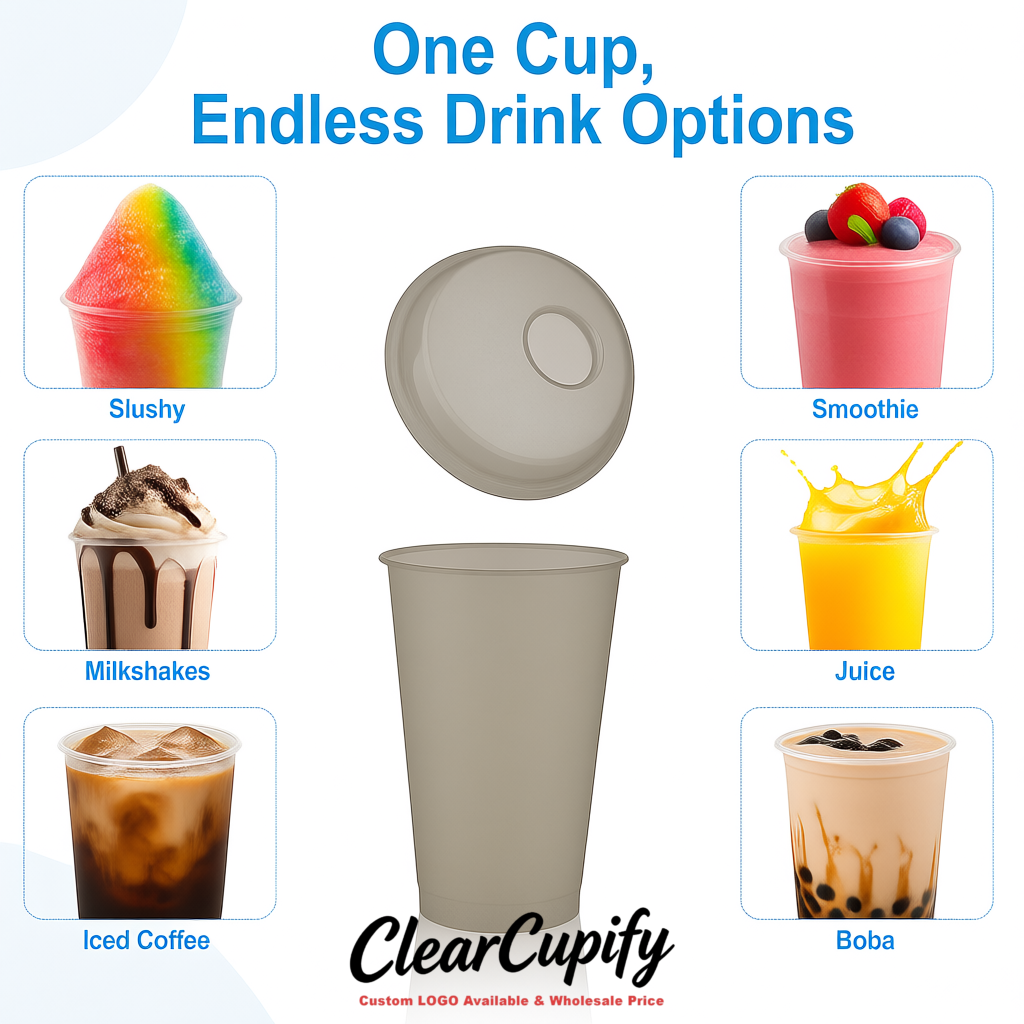 Greige 16 oz Plastic Slushie Cups with Dome Lid & Detachable Spoon Straws for Milkshake, Boba, Smoothies, Iced Coffee