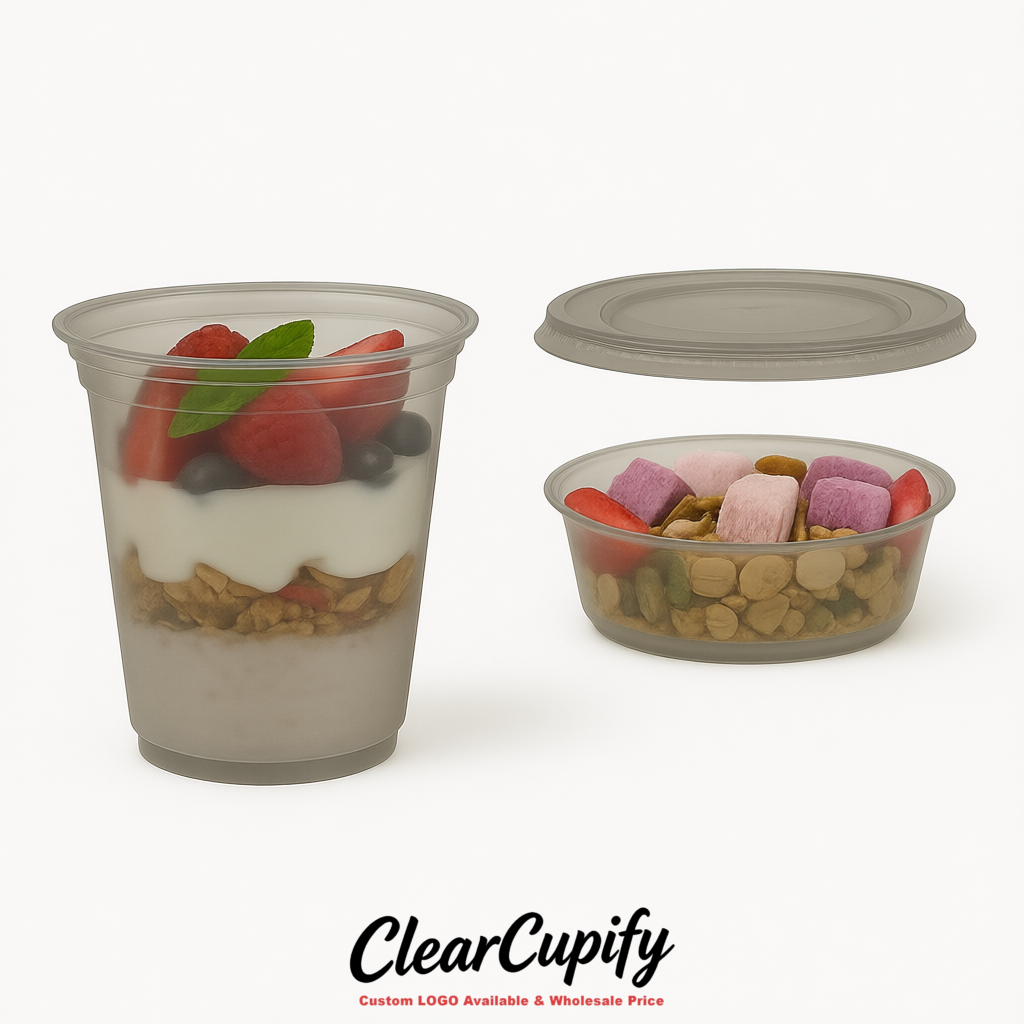 Greige 12 oz Disposable Plastic Parfait Cups with Insert & Flat lids 3.85 x 2.1 x 4 inches