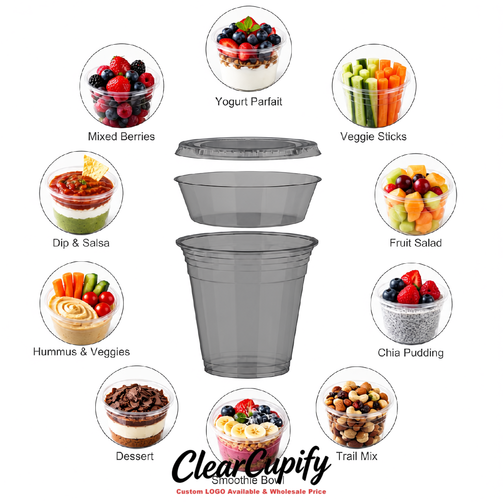 Greige 12 oz Disposable Plastic Parfait Cups with Insert & Flat lids 3.85 x 2.1 x 4 inches