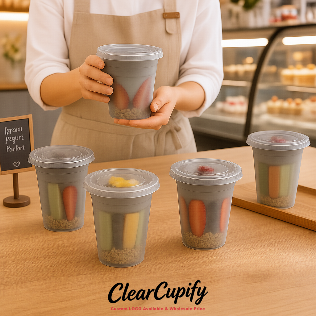 Greige 12 oz Disposable Plastic Parfait Cups with Insert & Flat lids 3.85 x 2.1 x 4 inches