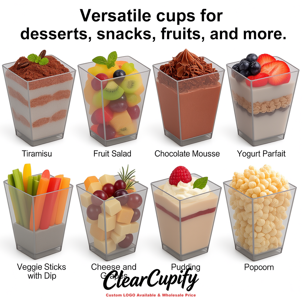 Wholesale Greige 5 oz Square Clear Plastic Dessert Cups with Spoons for Appetizers, Puddings, Mousse, Parfait Wholesale Greige 5 oz Square Clear Plastic Dessert Cups with Spoons for Appetizers, Puddings, Mousse, Parfait
