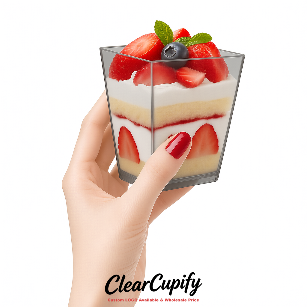 Wholesale Greige 5 oz Square Clear Plastic Dessert Cups with Spoons for Appetizers, Puddings, Mousse, Parfait