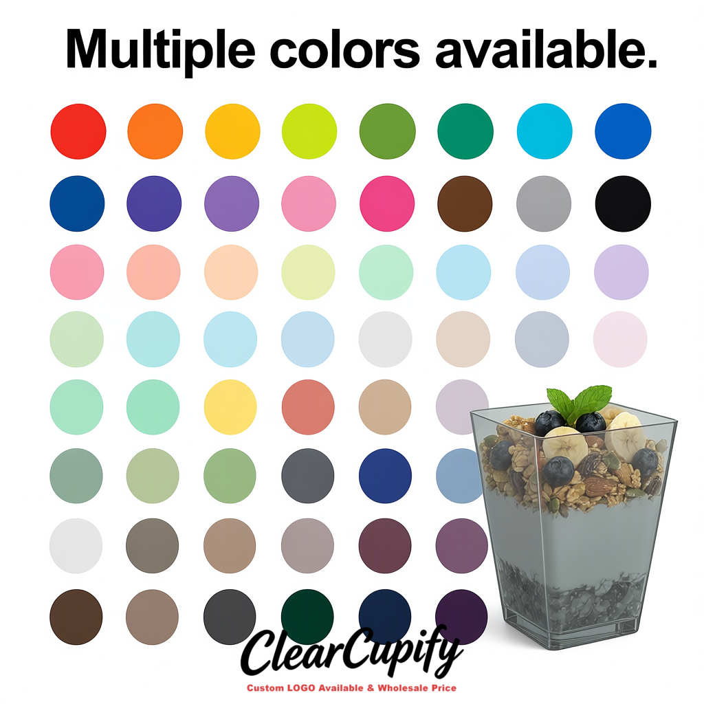 Wholesale Greige 5 oz Square Clear Plastic Dessert Cups with Spoons for Appetizers, Puddings, Mousse, Parfait