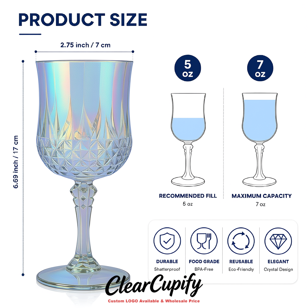 Holographic 7oz Acrylic Plastic Wine Goblets - 2.7 x 6.7 inches Party & Wedding Wine Glasses