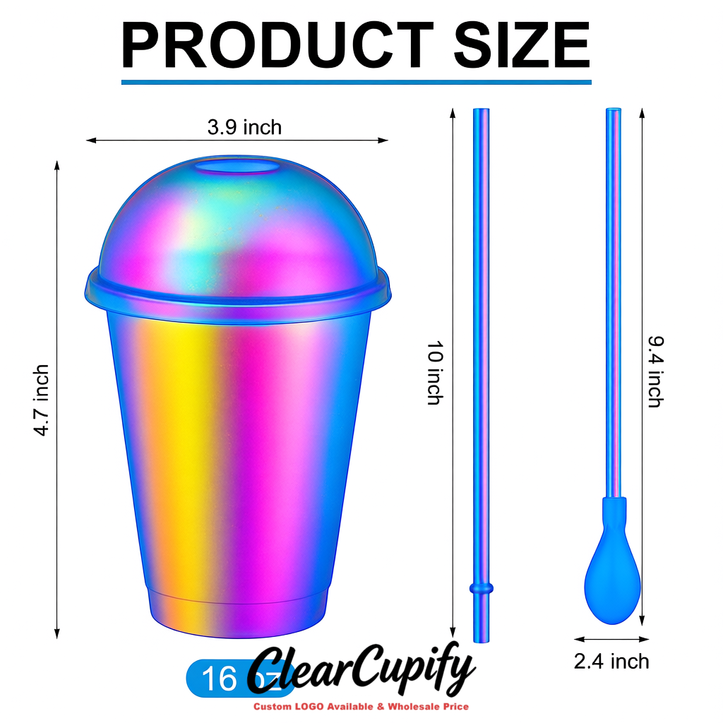Holographic 16 oz Plastic Slushie Cups with Dome Lid & Detachable Spoon Straws for Milkshake, Boba, Smoothies, Iced Coffee