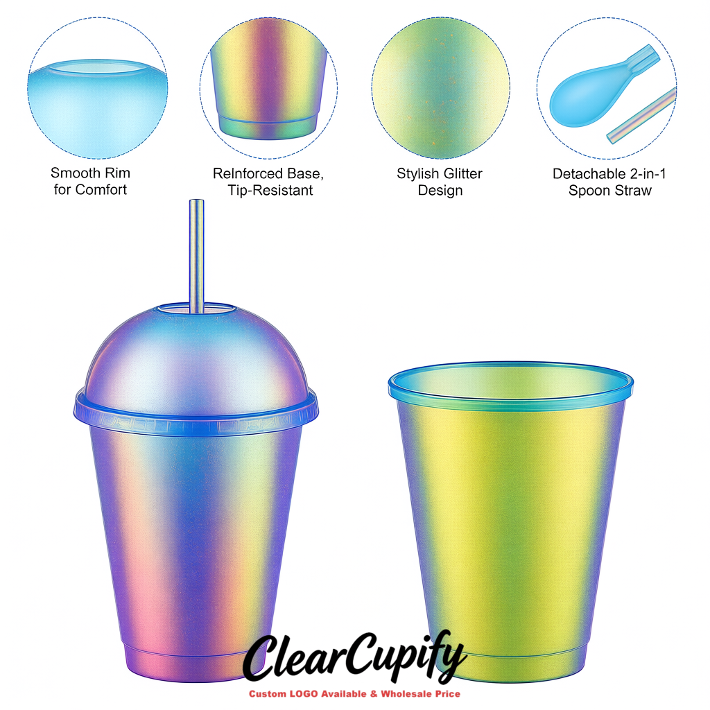 Holographic 16 oz Plastic Slushie Cups with Dome Lid & Detachable Spoon Straws for Milkshake, Boba, Smoothies, Iced Coffee