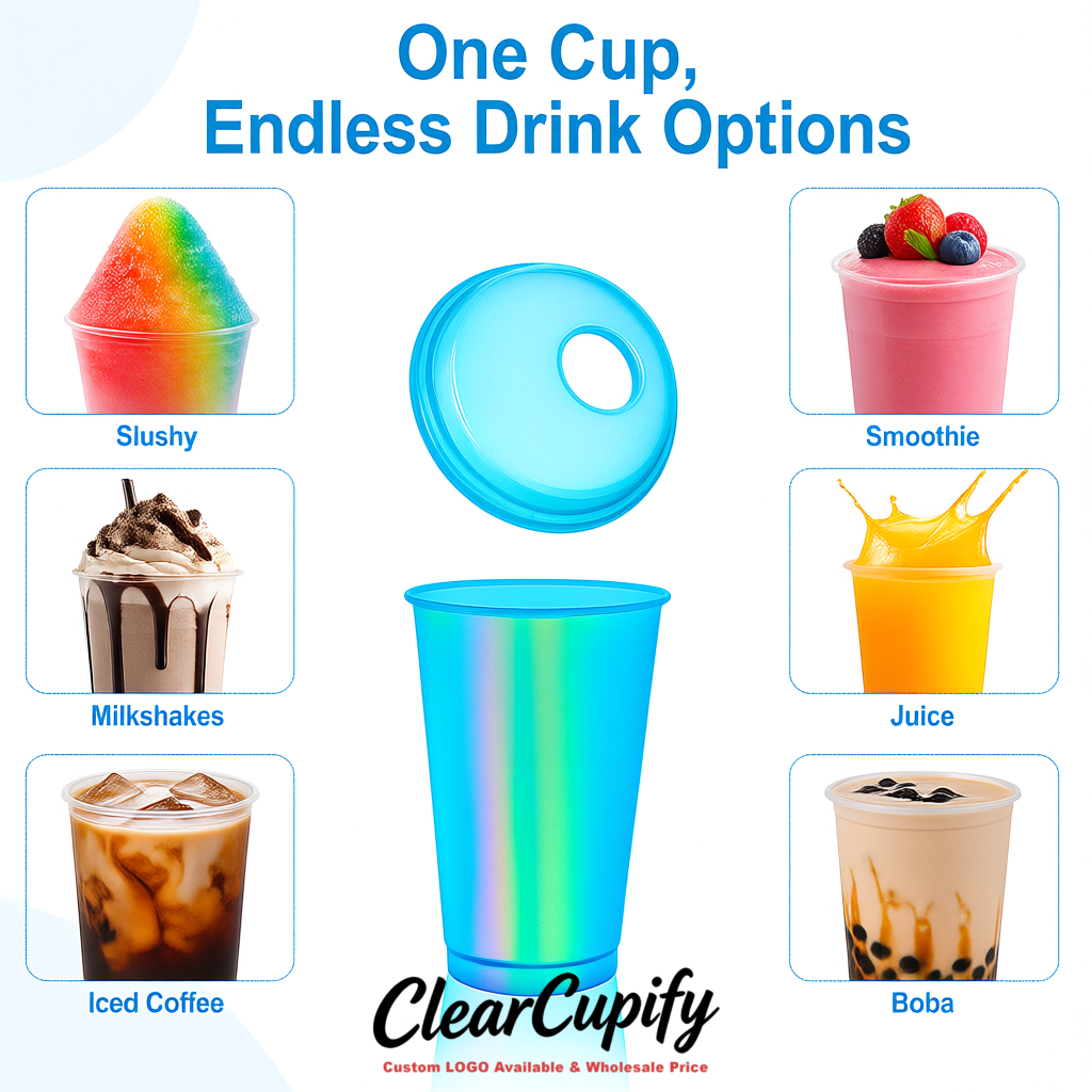 Holographic 16 oz Plastic Slushie Cups with Dome Lid & Detachable Spoon Straws for Milkshake, Boba, Smoothies, Iced Coffee