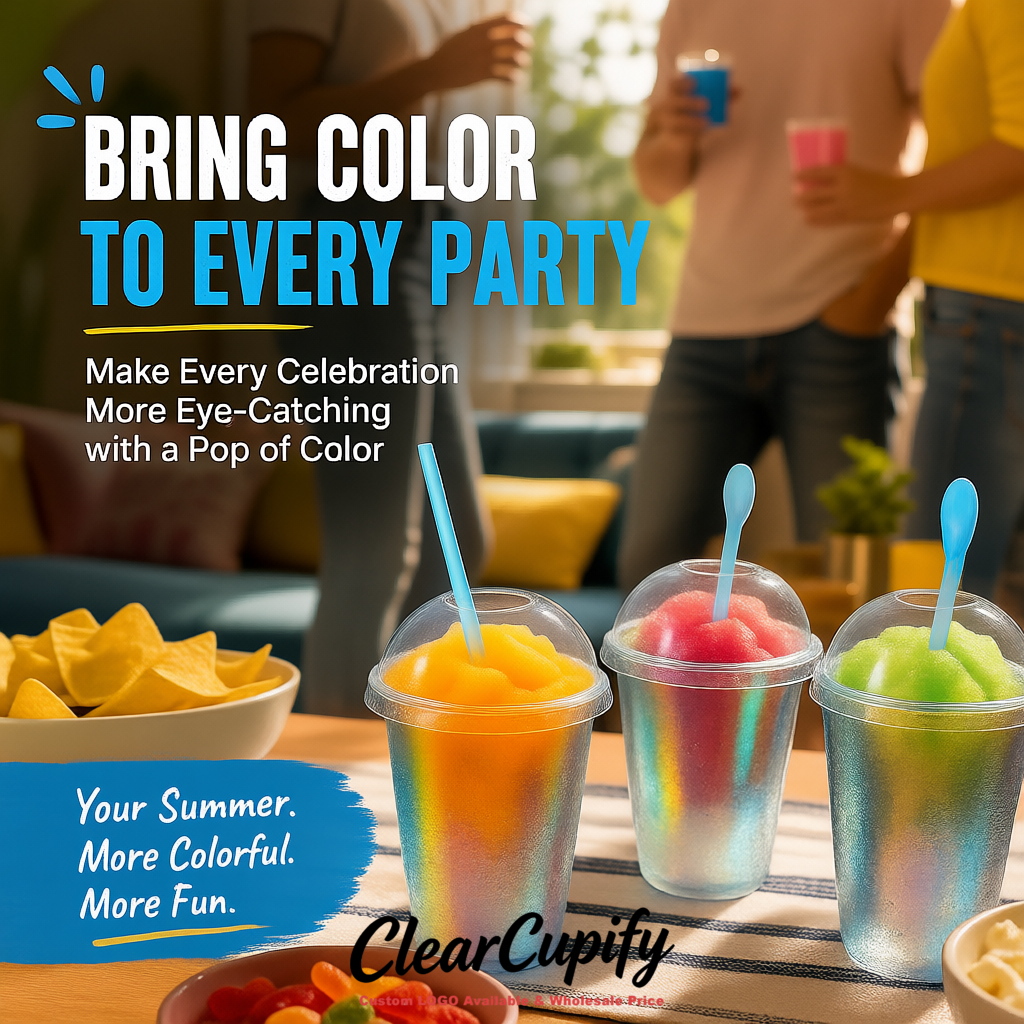 Holographic 16 oz Plastic Slushie Cups with Dome Lid & Detachable Spoon Straws for Milkshake, Boba, Smoothies, Iced Coffee