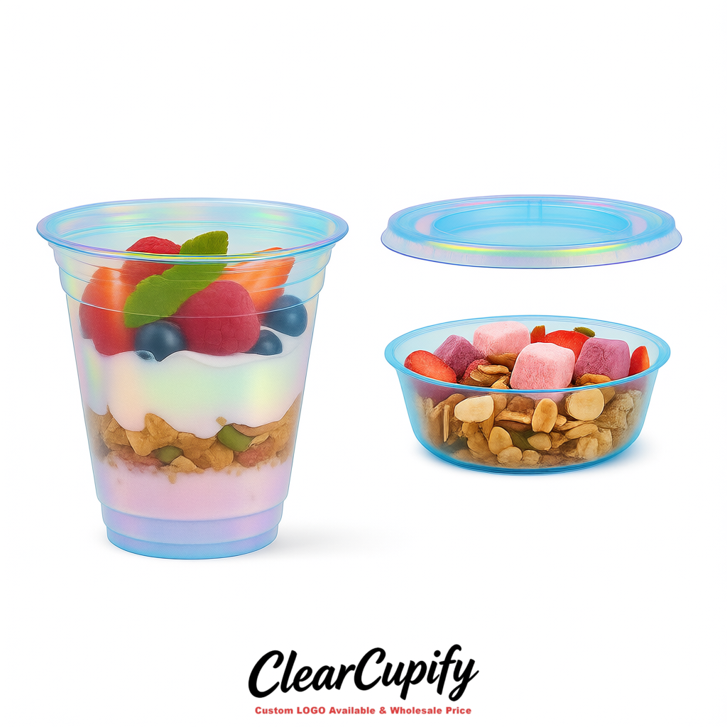 Holographic 12 oz Disposable Plastic Parfait Cups with Insert & Flat lids 3.85 x 2.1 x 4 inches