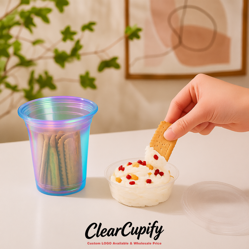 Holographic 12 oz Disposable Plastic Parfait Cups with Insert & Flat lids 3.85 x 2.1 x 4 inches