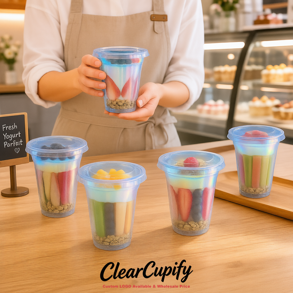 Holographic 12 oz Disposable Plastic Parfait Cups with Insert & Flat lids 3.85 x 2.1 x 4 inches
