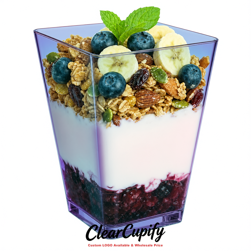 Wholesale Holographic 5 oz Square Clear Plastic Dessert Cups with Spoons for Appetizers, Puddings, Mousse, Parfait