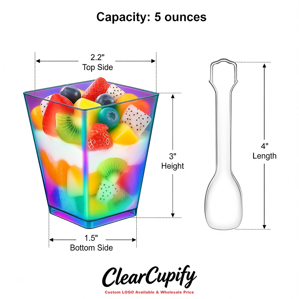 Wholesale Holographic 5 oz Square Clear Plastic Dessert Cups with Spoons for Appetizers, Puddings, Mousse, Parfait