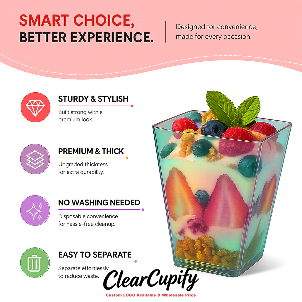 Wholesale Holographic 5 oz Square Clear Plastic Dessert Cups with Spoons for Appetizers, Puddings, Mousse, Parfait