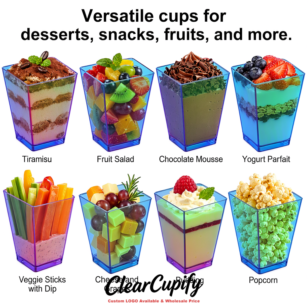 Wholesale Holographic 5 oz Square Clear Plastic Dessert Cups with Spoons for Appetizers, Puddings, Mousse, Parfait