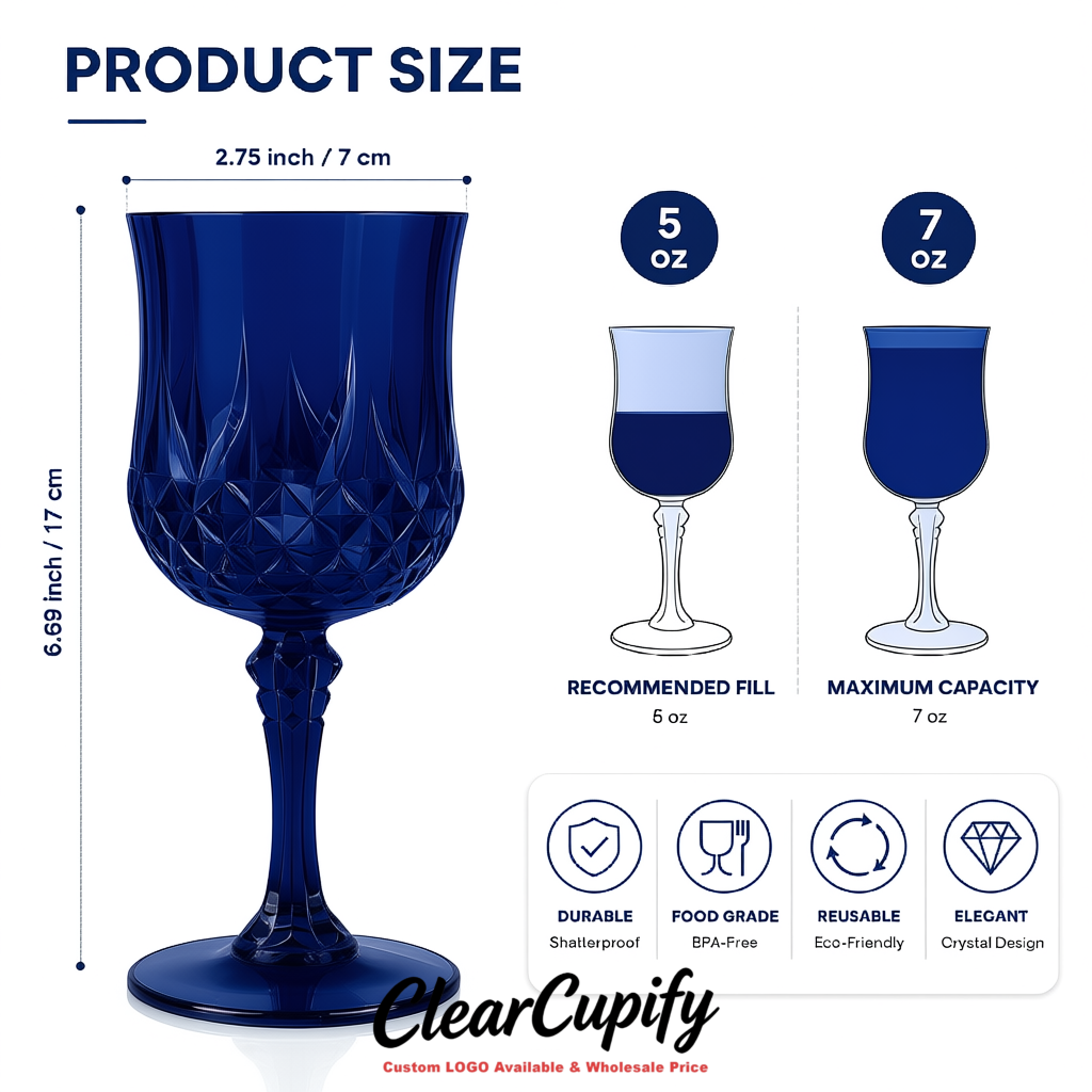 Indigo 7oz Acrylic Plastic Wine Goblets - 2.7 x 6.7 inches Party & Wedding Wine Glasses