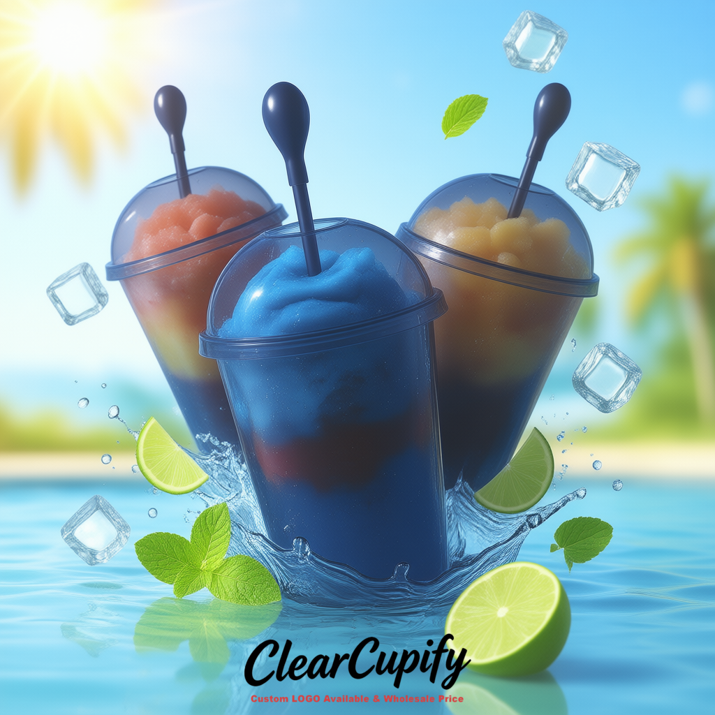 Indigo 16 oz Plastic Slushie Cups with Dome Lid & Detachable Spoon Straws for Milkshake, Boba, Smoothies, Iced Coffee