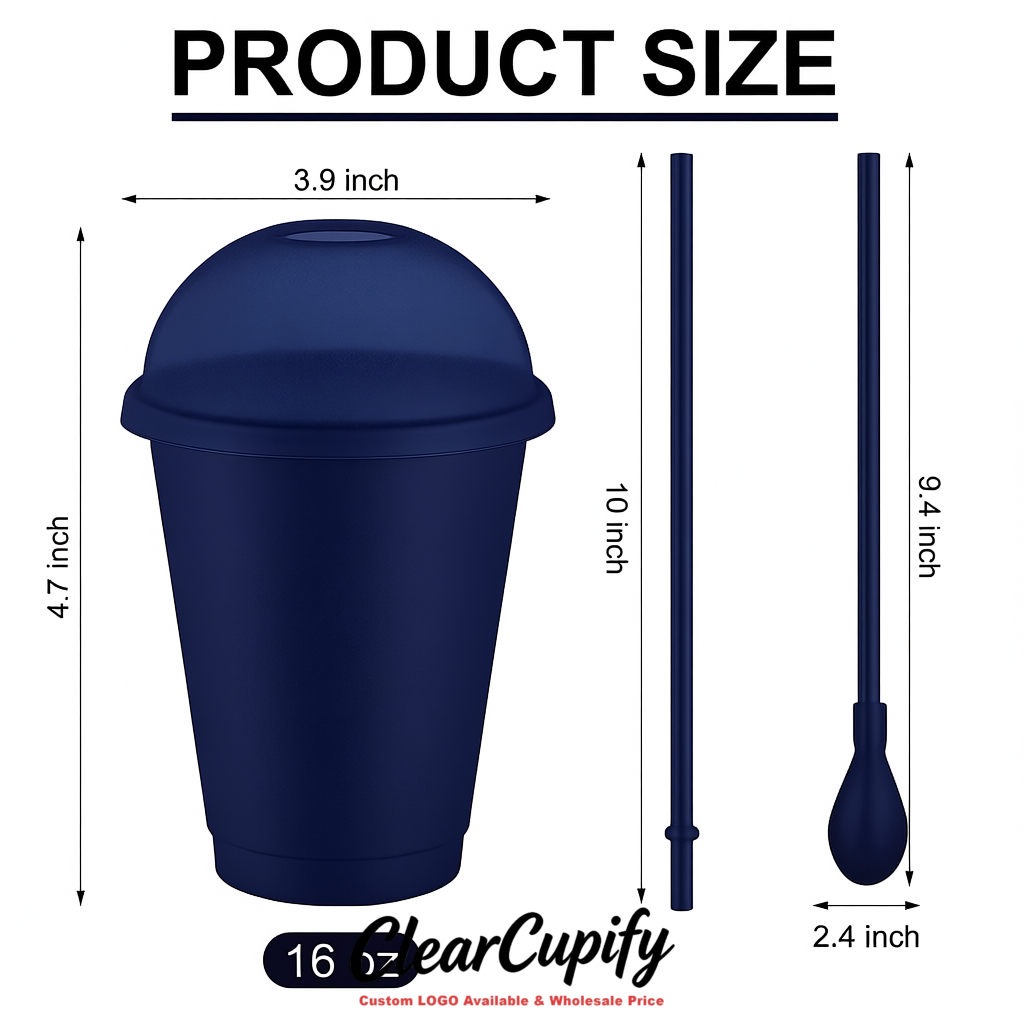Indigo 16 oz Plastic Slushie Cups with Dome Lid & Detachable Spoon Straws for Milkshake, Boba, Smoothies, Iced Coffee