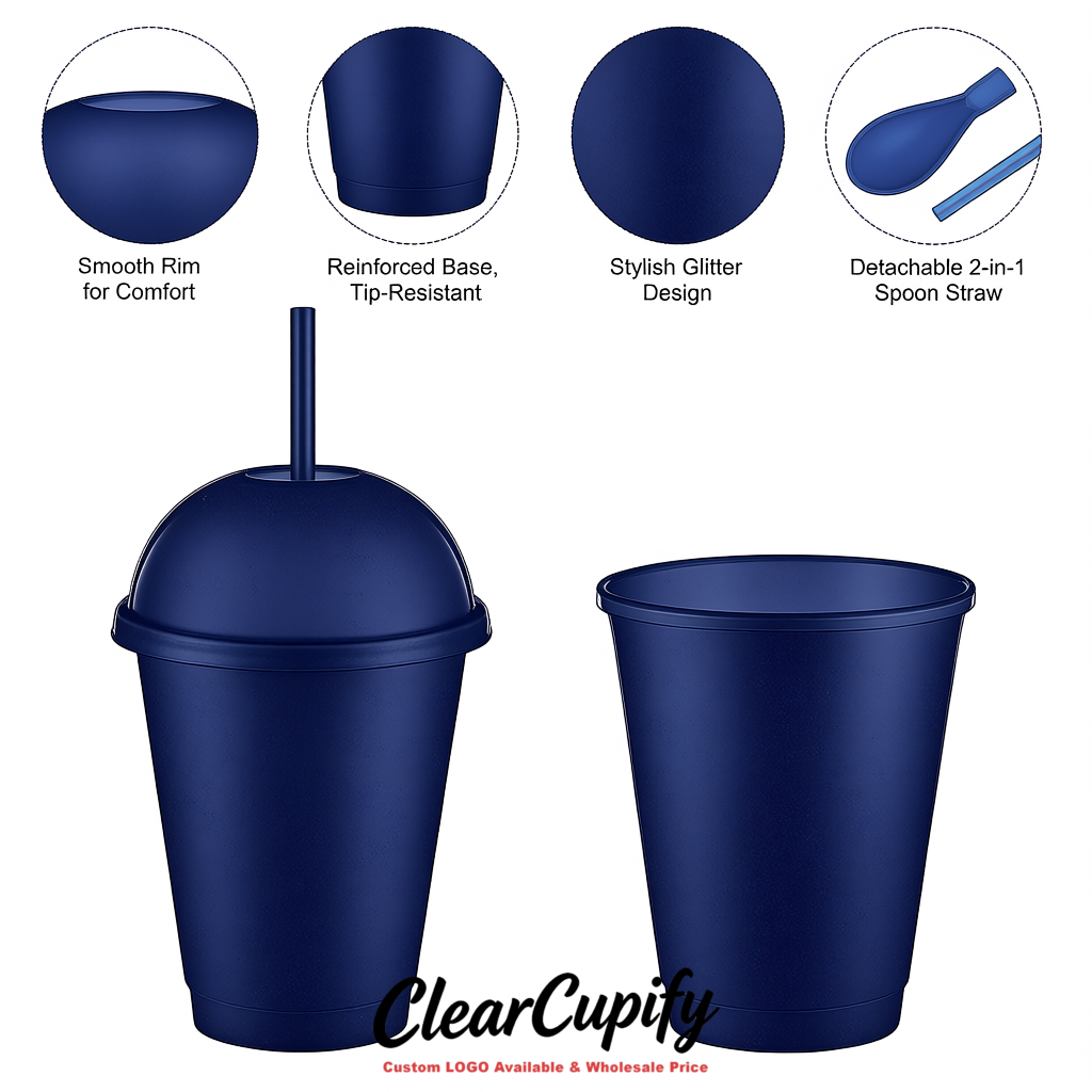 Indigo 16 oz Plastic Slushie Cups with Dome Lid & Detachable Spoon Straws for Milkshake, Boba, Smoothies, Iced Coffee