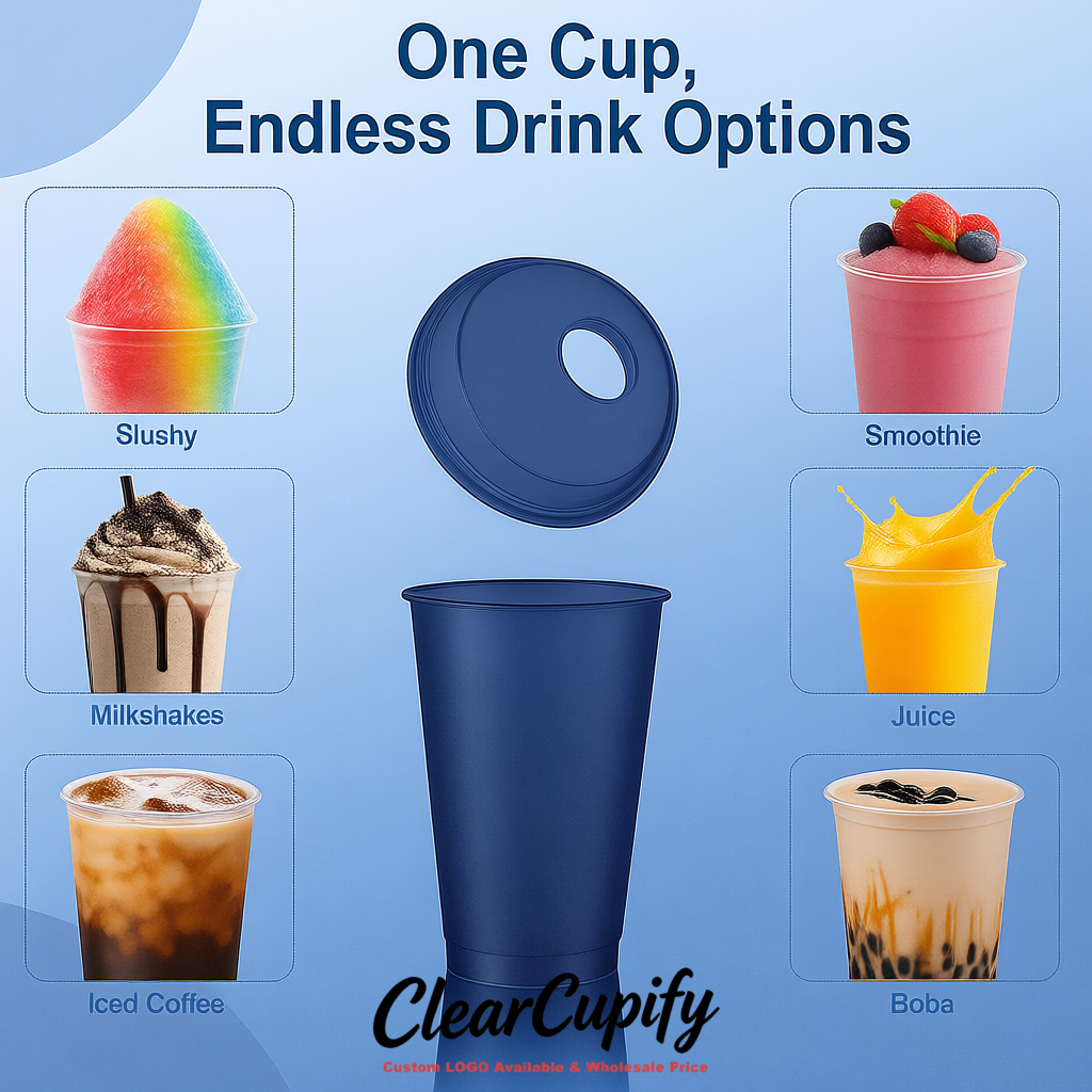 Indigo 16 oz Plastic Slushie Cups with Dome Lid & Detachable Spoon Straws for Milkshake, Boba, Smoothies, Iced Coffee