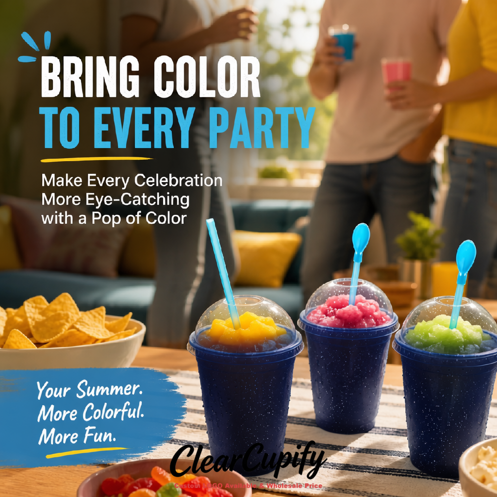 Indigo 16 oz Plastic Slushie Cups with Dome Lid & Detachable Spoon Straws for Milkshake, Boba, Smoothies, Iced Coffee