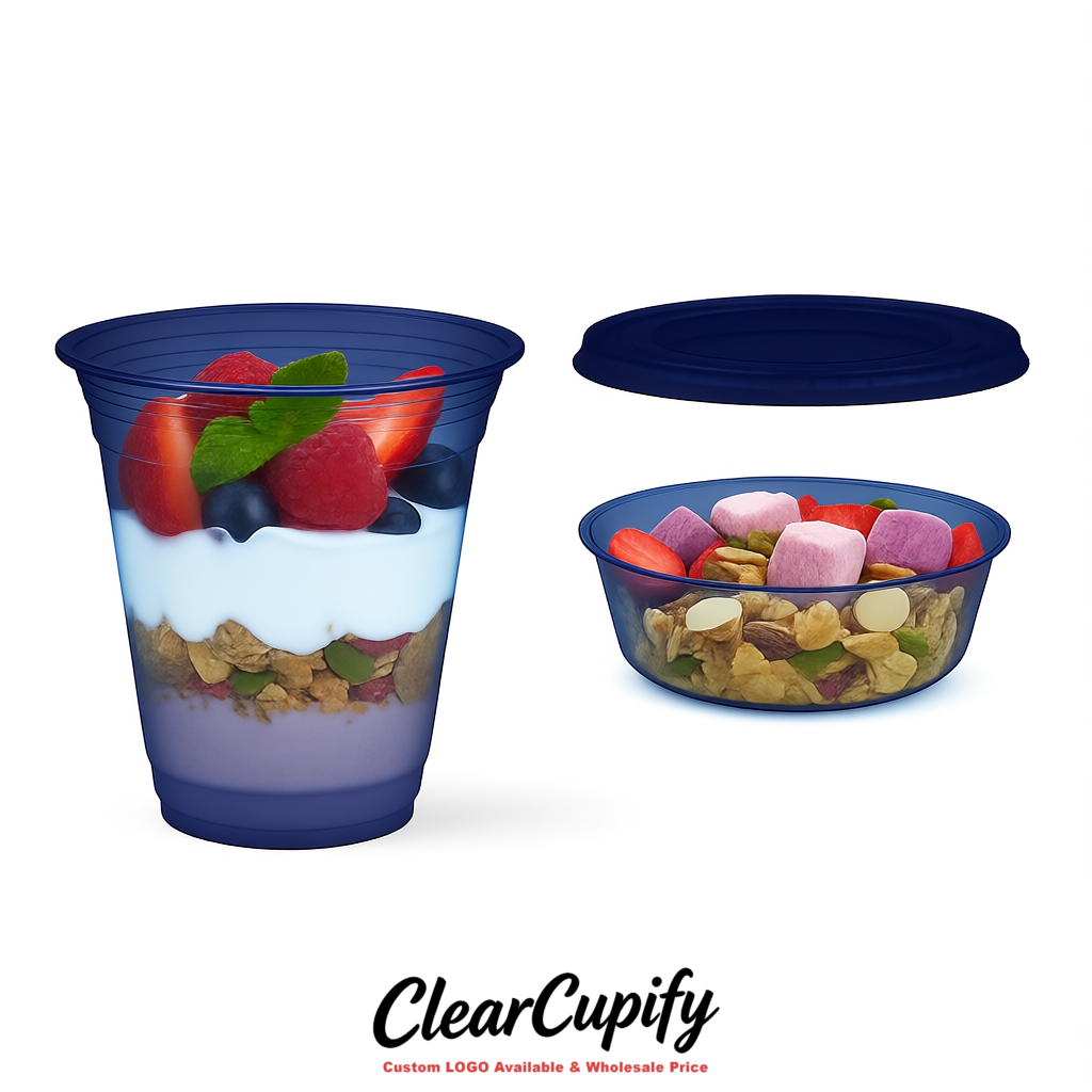 Indigo 12 oz Disposable Plastic Parfait Cups with Insert & Flat lids 3.85 x 2.1 x 4 inches