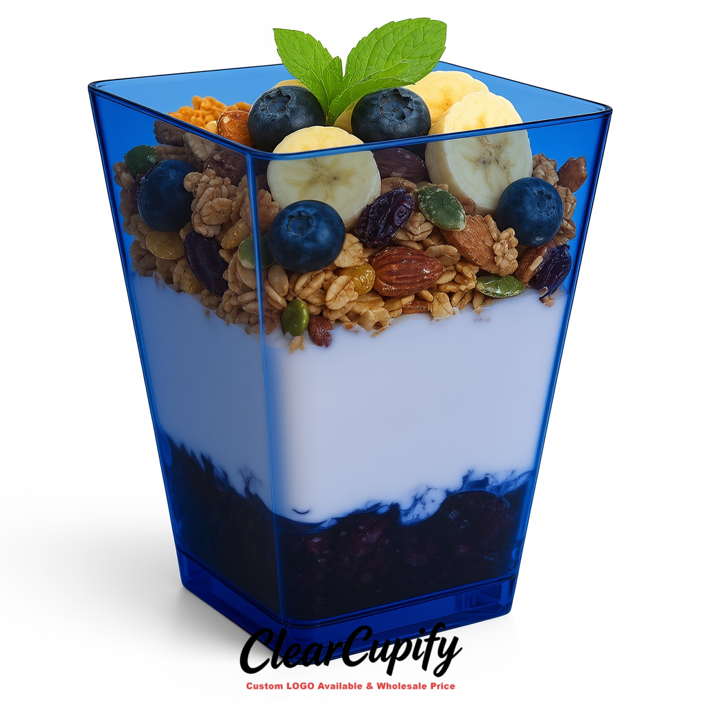Wholesale Indigo 5 oz Square Clear Plastic Dessert Cups with Spoons for Appetizers, Puddings, Mousse, Parfait