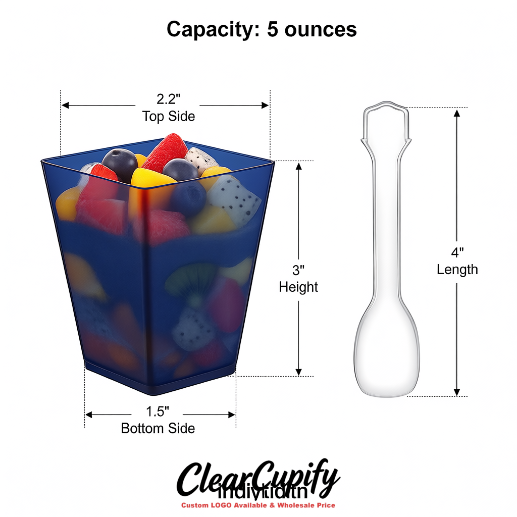 Wholesale Indigo 5 oz Square Clear Plastic Dessert Cups with Spoons for Appetizers, Puddings, Mousse, Parfait