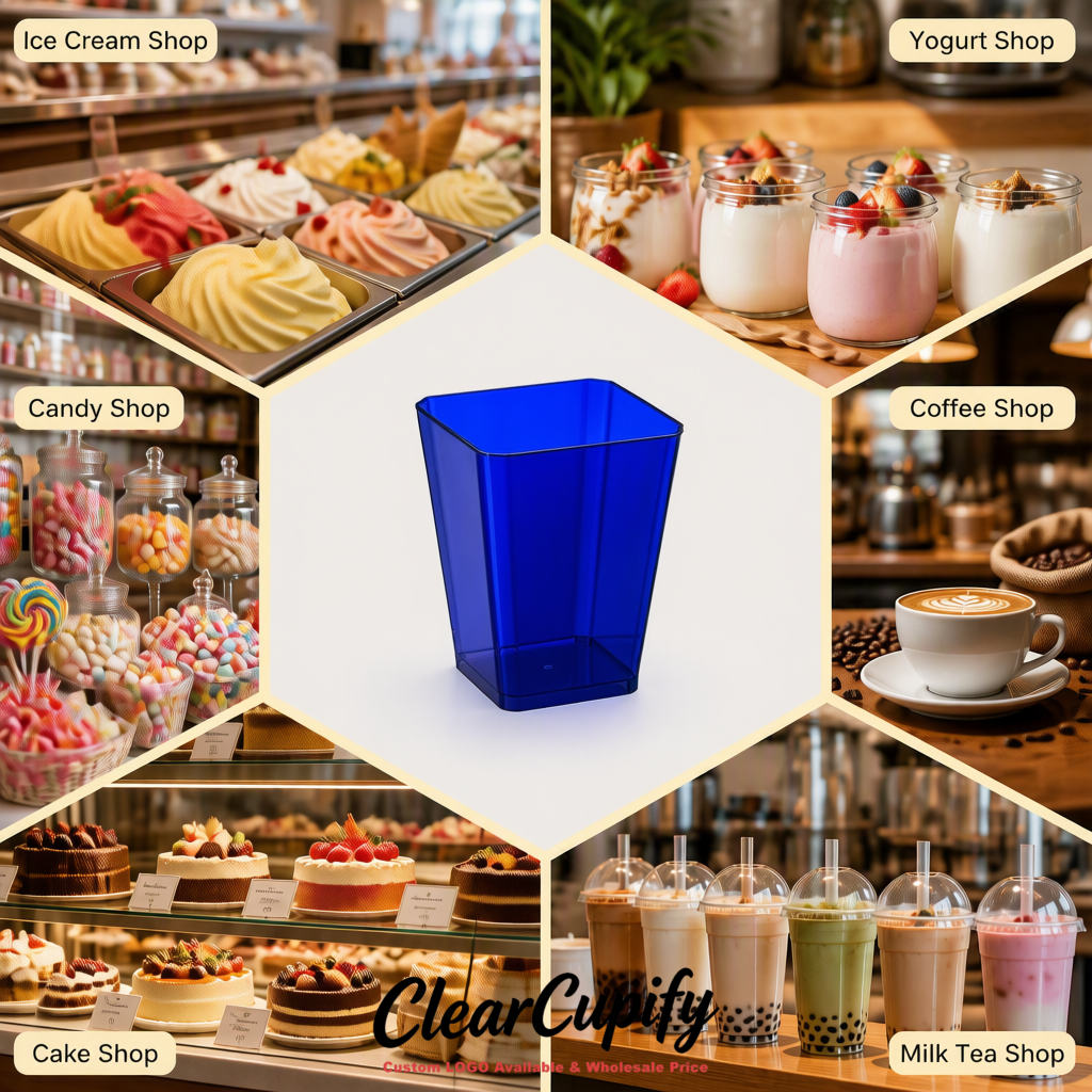 Wholesale Indigo 5 oz Square Clear Plastic Dessert Cups with Spoons for Appetizers, Puddings, Mousse, Parfait