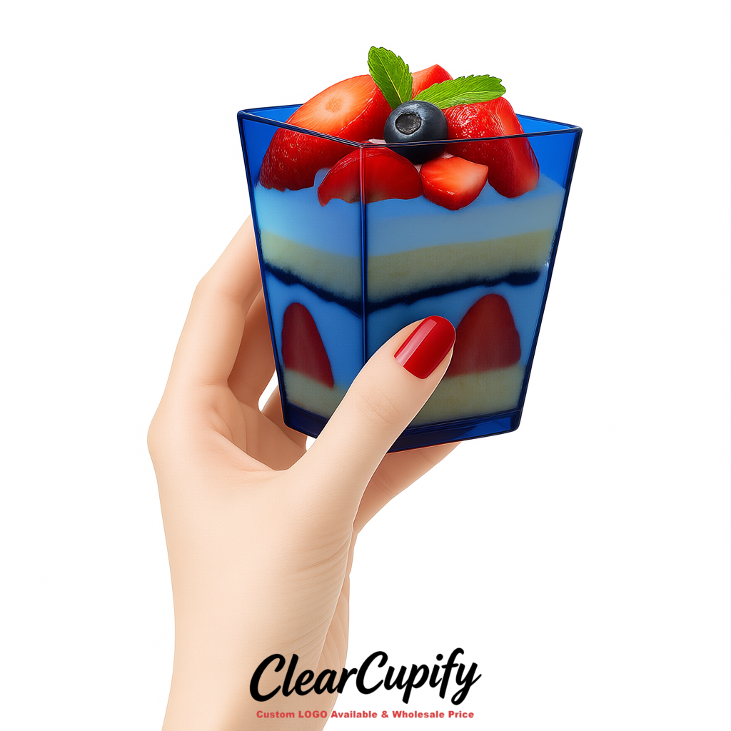 Wholesale Indigo 5 oz Square Clear Plastic Dessert Cups with Spoons for Appetizers, Puddings, Mousse, Parfait