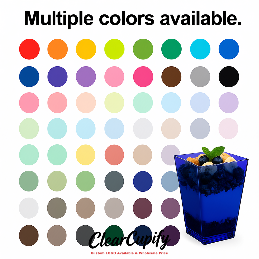 Wholesale Indigo 5 oz Square Clear Plastic Dessert Cups with Spoons for Appetizers, Puddings, Mousse, Parfait