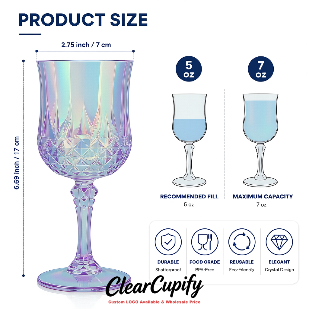 Iridescent 7oz Acrylic Plastic Wine Goblets - 2.7 x 6.7 inches Party & Wedding Wine Glasses