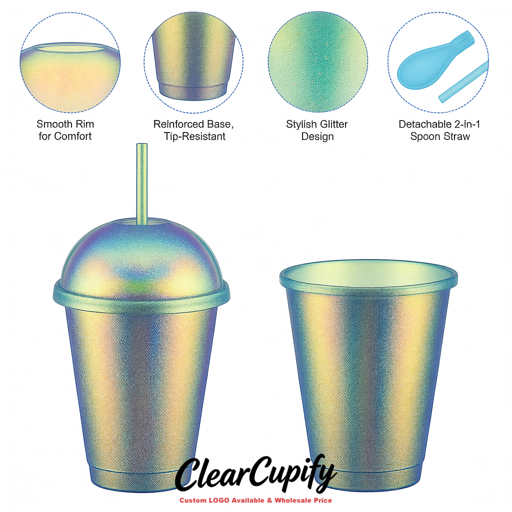 Iridescent 16 oz Plastic Slushie Cups with Dome Lid & Detachable Spoon Straws for Milkshake, Boba, Smoothies, Iced Coffee