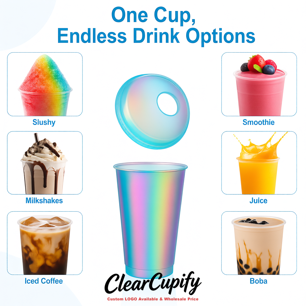 Iridescent 16 oz Plastic Slushie Cups with Dome Lid & Detachable Spoon Straws for Milkshake, Boba, Smoothies, Iced Coffee