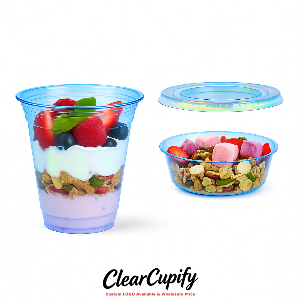 Iridescent 12 oz Disposable Plastic Parfait Cups with Insert & Flat lids 3.85 x 2.1 x 4 inches