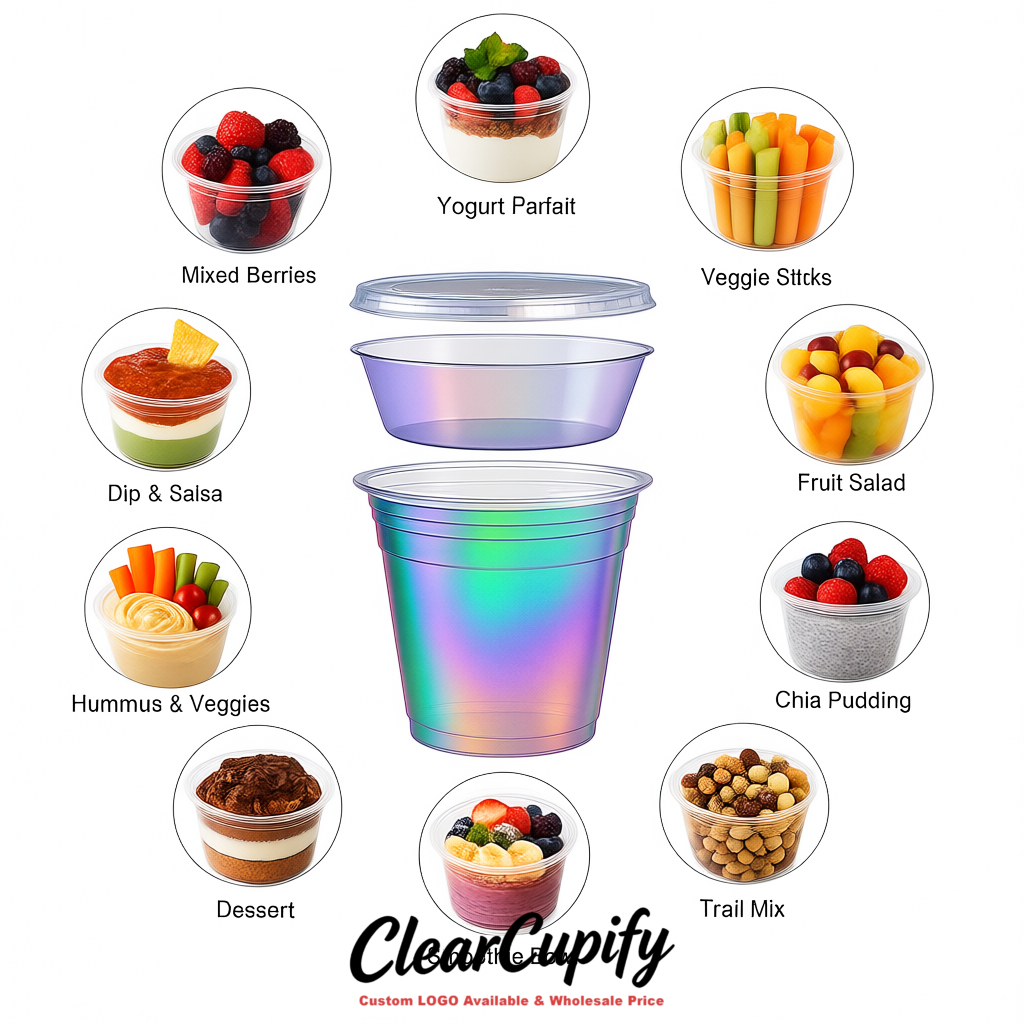 Iridescent 12 oz Disposable Plastic Parfait Cups with Insert & Flat lids 3.85 x 2.1 x 4 inches