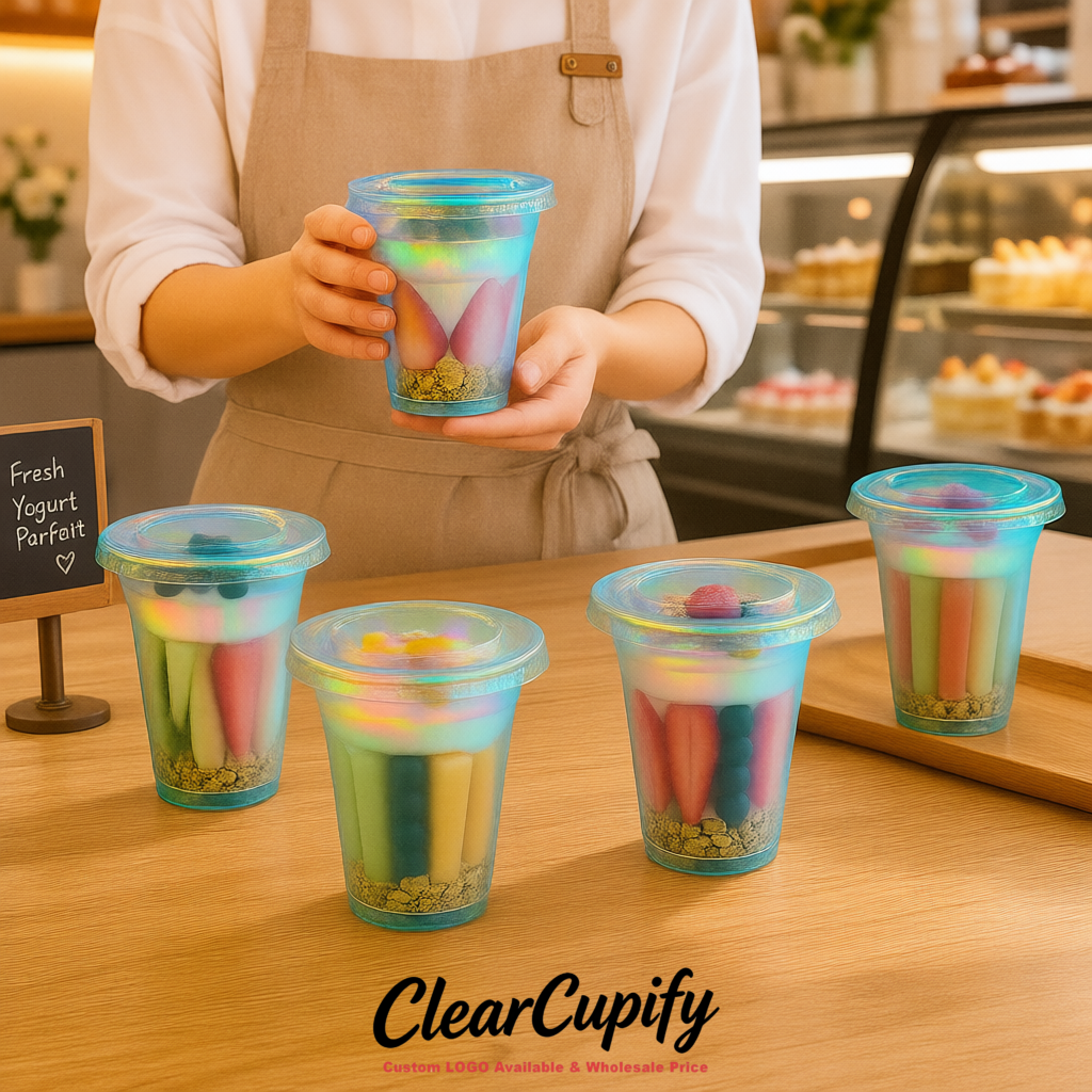 Iridescent 12 oz Disposable Plastic Parfait Cups with Insert & Flat lids 3.85 x 2.1 x 4 inches