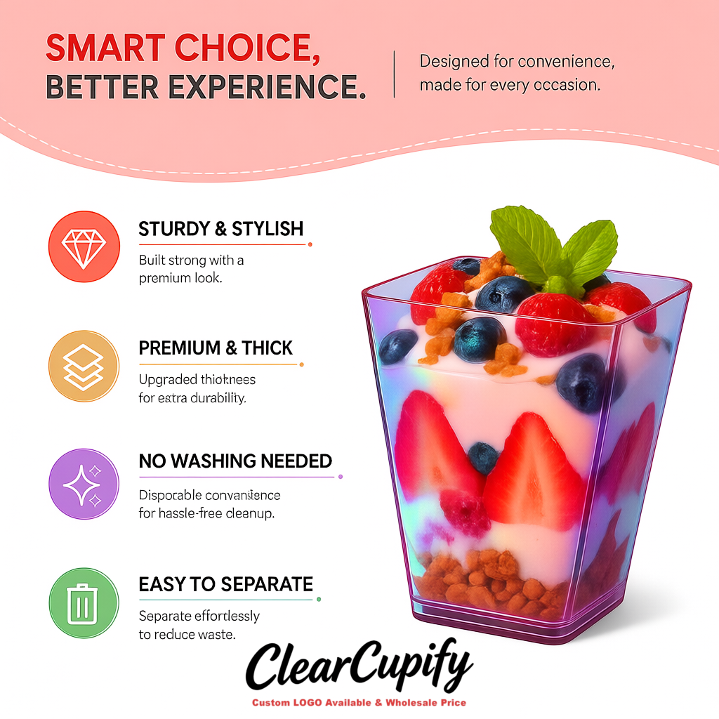 Wholesale Iridescent 5 oz Square Clear Plastic Dessert Cups with Spoons for Appetizers, Puddings, Mousse, Parfait