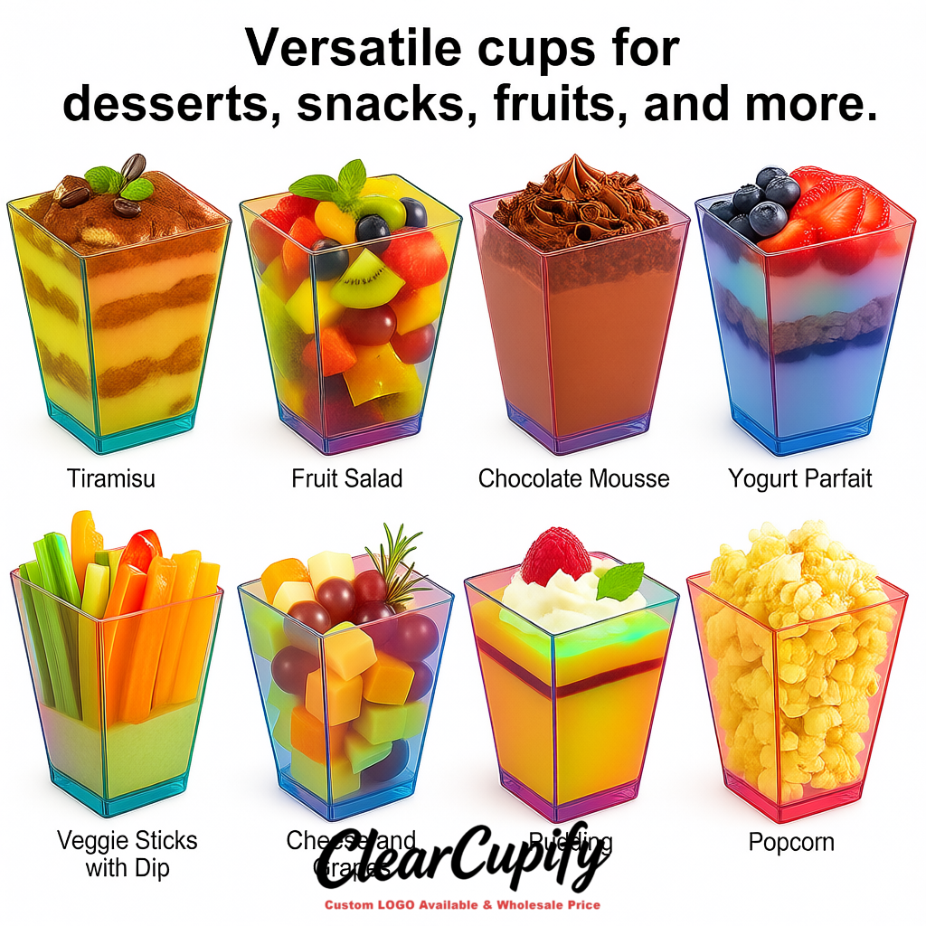 Wholesale Iridescent 5 oz Square Clear Plastic Dessert Cups with Spoons for Appetizers, Puddings, Mousse, Parfait Wholesale Iridescent 5 oz Square Clear Plastic Dessert Cups with Spoons for Appetizers, Puddings, Mousse, Parfait